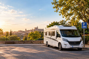 Home 13 Autocaravana estacionada en una zona habilitada durante un viaje por España